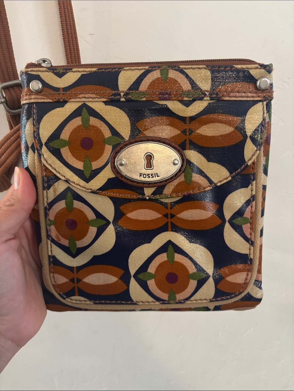 Fossil Geometric Pattern Crossbody in Brown and Navy